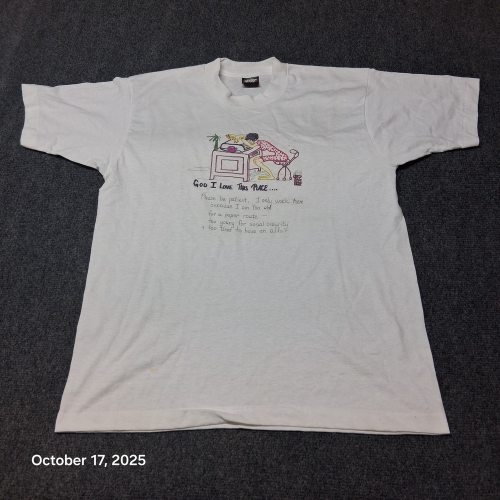 Vintage Novelty Funny Old Person Work T Shirt Size Large White Screen Stars‎